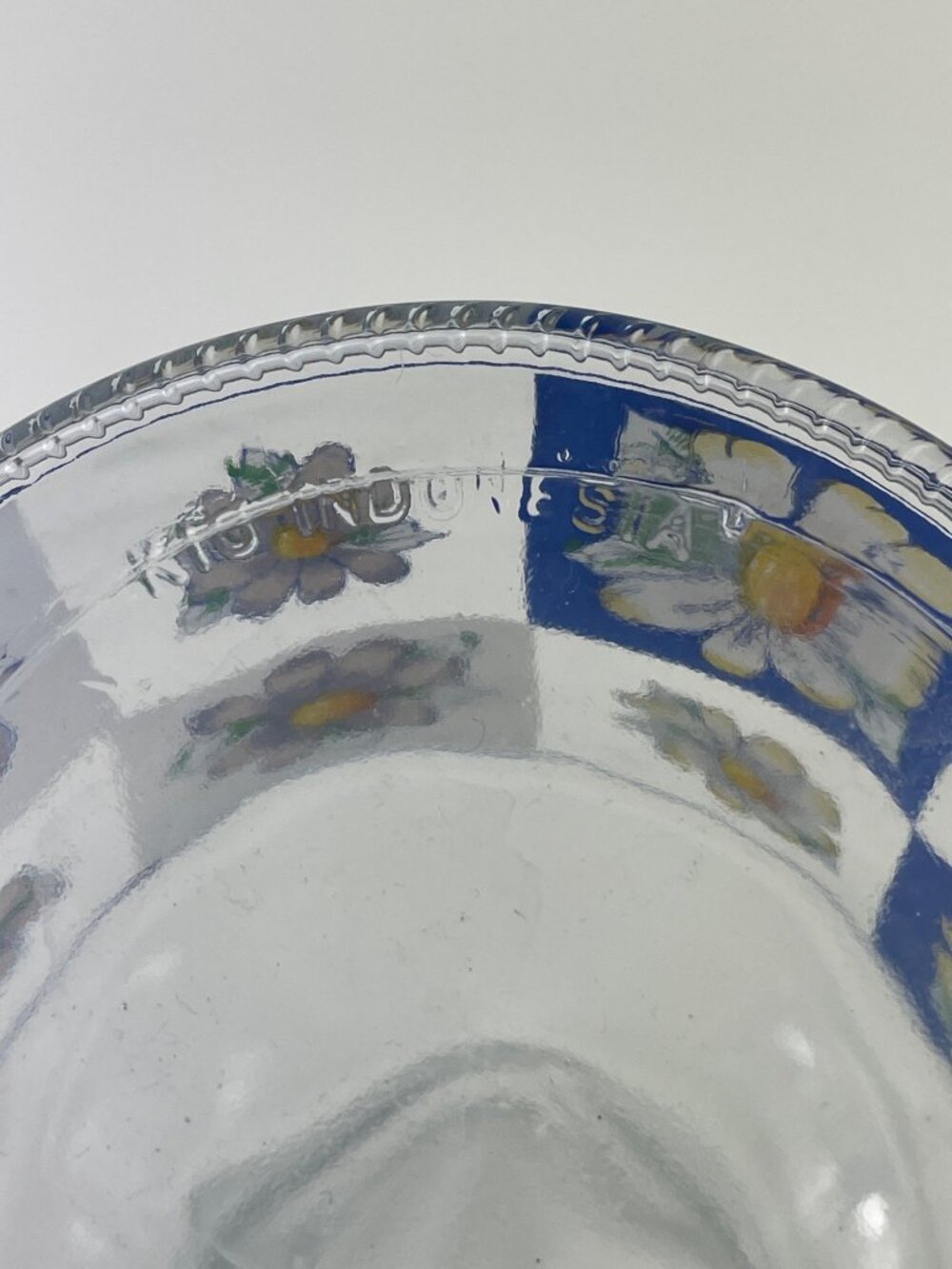 Vintage Kig Indonesia Glass Carafe Decanter With Blue & White Daisy Design - Picture 8 of 12